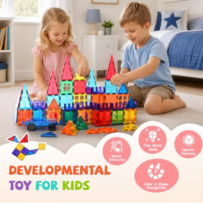 cossy 220Pcs Magnetic Tiles Magnetic 3D Building Blocks Set, Construction Toys for 3 4 5 6 7 8 Year Old Boy and Girl with Stronger Magnets, Educational Toys, Recreational, Conventional - size: 220 Pieces