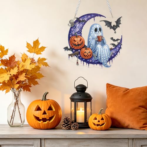 NAIMOER Halloween Diamond Art Hanging Kits for Adults, Ghost Moon 5D Special Shaped Rhinestone, DIY Acrylic Diamond Art Painting Window Pendants Home Garden Wall Hanging Ornament Kits, Double Sided - color: Halloween Ghost Moon