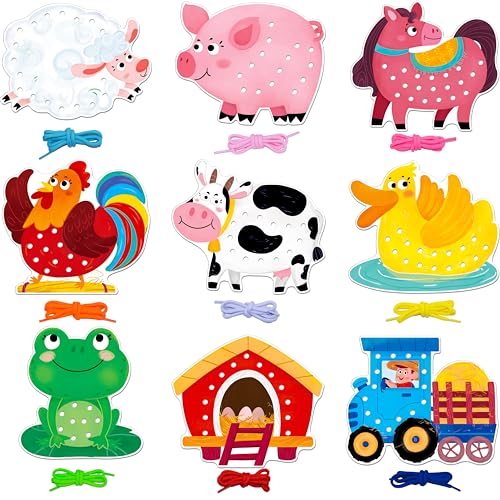 SpriteGru 9 PCS Farm Theme Lacing Cards, 9 Double Sided Sewing Cards with 9 Colorful Laces, Imagination Development Lacing Toys Educational and Learning Activity for Preschoolers, Kids - color: Farm Themed-B