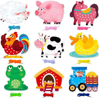 SpriteGru 9 PCS Farm Theme Lacing Cards, 9 Double Sided Sewing Cards with 9 Colorful Laces, Imagination Development Lacing Toys Educational and Learning Activity for Preschoolers, Kids - color: Farm Themed-B