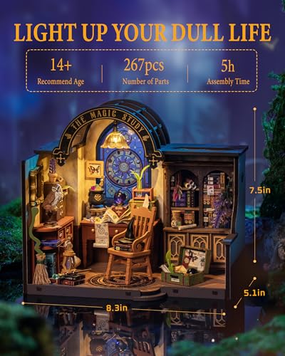 Rowood Magic Study Miniature House Kit, DIY Miniature Dollhouse Kits for Adults, Wizard Mini House Craft Kits for Women with LED, Halloween Christmas Birthday Gift for Adults (The Magic Study) - style: The Magic Study