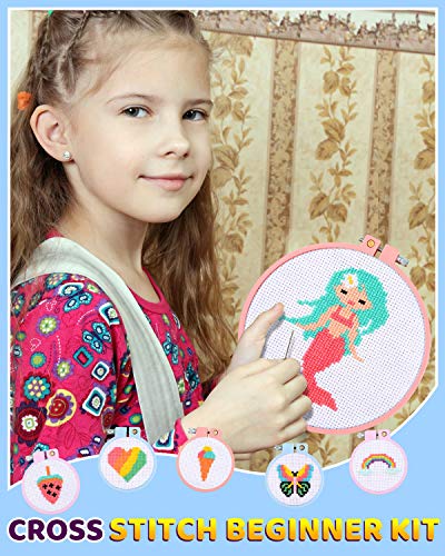 Pllieay 6 Pcs Cross Stitch Kits for Beginners for Kids 7-13 - size: Round Embroidery Hoops