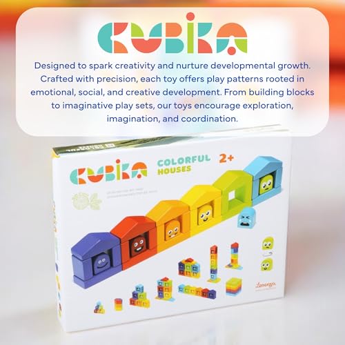 CUBIKA Wooden Construction Set Colorful Houses – 24-Piece Construction Play Set with Emotion Characters for Toddlers 2+– Montessori Toy for Creativity, Cognitive Development, and Emotion Recognition - style: Construction Set