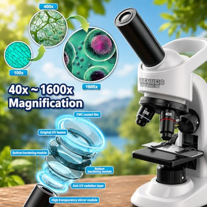 Kids Microscope Kit, 40X-1600X Beginner Microscope for Kids with LED Light, Prepared Slides, Phone Adapter and Lab Tools, STEM Science Toy for Ages 5-12