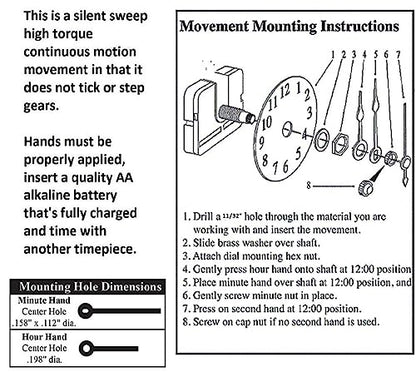 High Torque Quartz Clock Movement with Extended Shaft (Silent Sweep) for Long Hands, Short Shaft, 1/4" Threaded