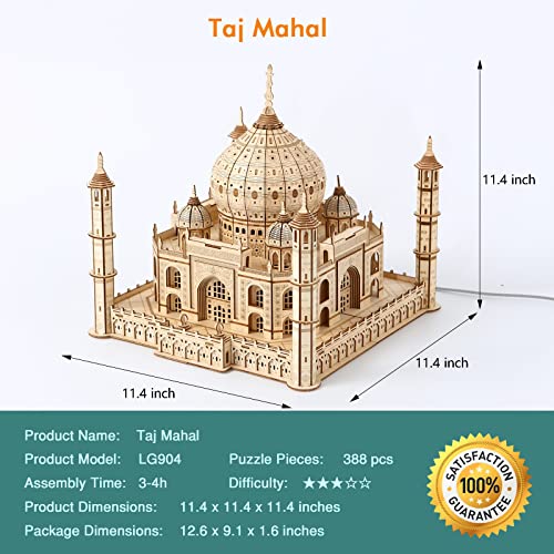 Taj Mahal 3D Wooden Puzzle 388 Pieces, LED Light Architecture Building Kit No Glue DIY Model Craft Home Decor Night Light, STEM Toy for Adults Teens Kids Ages 14+