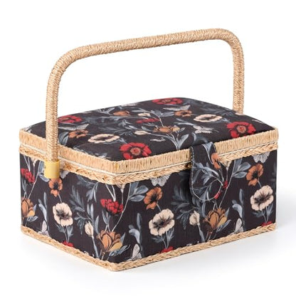 NOTIONSLAND Sewing Basket with Sewing Supplies, Medium Sewing Box for Accessories Storage, Black Red Flower - color: BLACK RED FLOWER