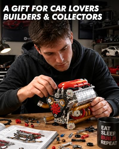 JSINMA V12 Engine Model Kit that Runs, Motorized Mechanical Building Set for Adults with Visible Moving Pistons, Transparent Side Cover, Desk Display Gift for Car Lovers, 620 Pieces