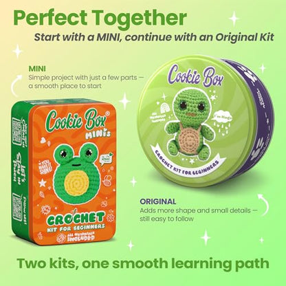 Cookie Box Crochet Kit for Beginners, Frog Mr. Ribbit - color: Green and Yellow