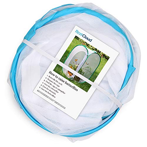 RESTCLOUD 36" Large Monarch Butterfly Habitat, Giant Collapsible Insect Mesh Cage Terrarium Pop-up 24 x 24 x 36 Inches - color: White with Blue
