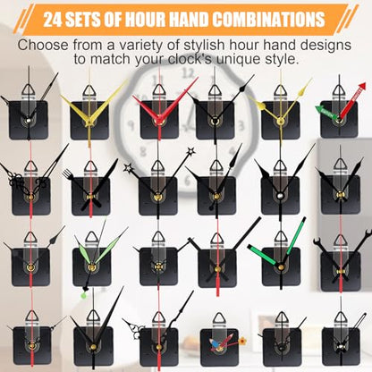 24 Pack Quartz Clock Movement Mechanism Kit, Silent Sweep Non-Ticking, 20mm Total Shaft (11mm Thread) Fits 3–6mm Dials, 24 Hand Styles, Hanging Hooks & Traceless Nails, DIY Wall Clock Repair - color: 24-pack