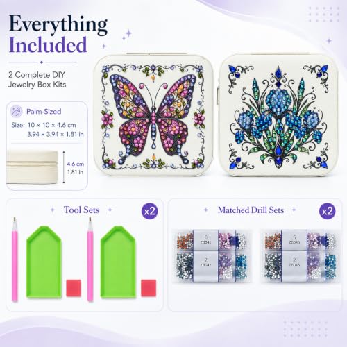 2 PC Diamond Art Jewelry Boxes Craft Kits for Women Adult Bedazzling Kit - color: Purple and Blue