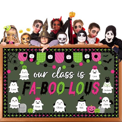 Halloween Ghost Bulletin Board Decoration Witch Bat Pumpkin Spider Web Paper Cutouts Boo Ghost Pattern Classroom Decor Halloween Party Bulletin Board for School Chalkboard Wall Decor Teacher Supplies - style: Cute Ghost
