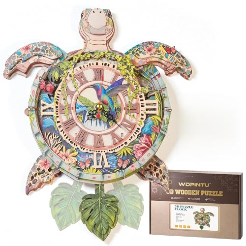 3D Wooden Puzzle Clock - Sea Turtle Design, DIY Mechanical Pendulum Wall Clock with Roman Numerals, Unique Nature-Themed Gift for Adults - color: Green