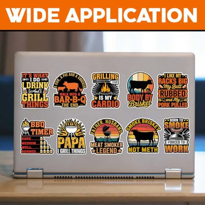 MAIANEY (10Pcs, 3in) BBQ Grilling Sticker Pack for Pitmaster & Smoker Fans, Funny Barbecue Vinyl Decals for Coolers Laptops Water Bottles, Outdoor Grill Lover Stickers Set - color: Bbq