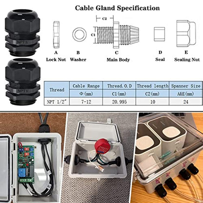Zulkit 2pcs Junction Box ABS Plastic Dustproof Waterproof IP65 Electrical Boxes Hinged Shell Outdoor Universal Project Enclosure Clear Cover with 2 Cable Glands 8.7 x 6.7 x 4.3 inch (220x170x110 mm) - size: 8.7" x 6.7" x 4.3"(2pcs)