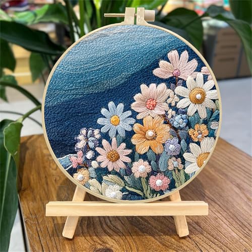 SCECALA 4 Sets Ocean Floral Embroidery Kit - color: Blue and Pink