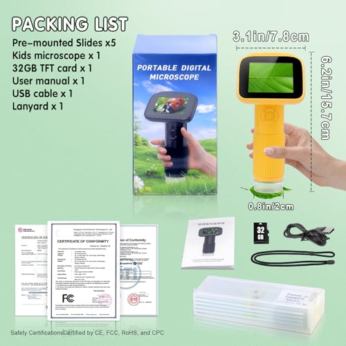 Microscope for Kids with 5 Slides, Adjustable 2.4inch IPS LCD Screen 1000X 1080P 32GB Card Digital Handheld Kids Microscope, Mini Portable Pocket Miniscope Science Toys Gifts for Boys Girls Aged 3-12 - color: Yellow