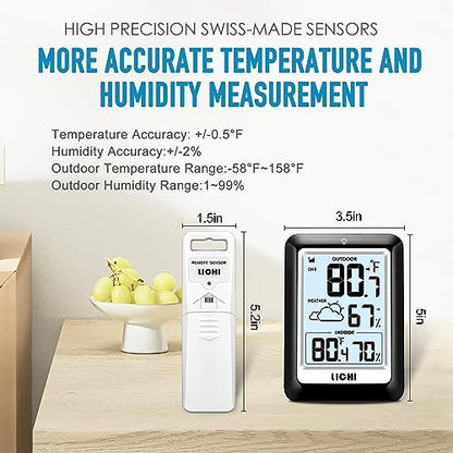 Indoor Outdoor Thermometer Wireless Weather Station, Internal External Thermometer Hygrometer, Home Batteryoperated Temperature Humiditymonitors330 Feet (About 100 Meters) Backlight Display (Black) - color: Black