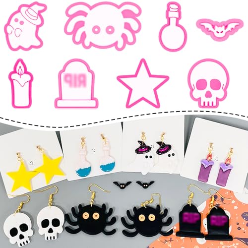 Xaekicr Halloween Polymer Clay Cutters Set – 8Pcs Clay Earring Cutters for Polymer Clay Jewelry, Ghost Bat Skull Pumpkin Shapes Clay Tools and Molds for DIY Crafts - color: A color