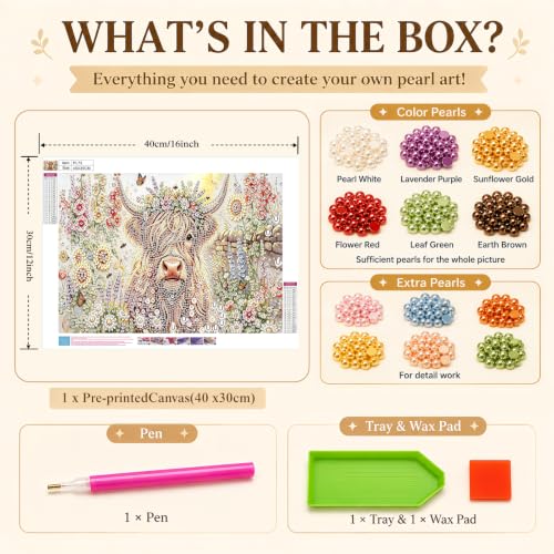 Flower Pearl Diamond Painting Kits for Adults,Highland Cow Diamond Art - color: PL75-1