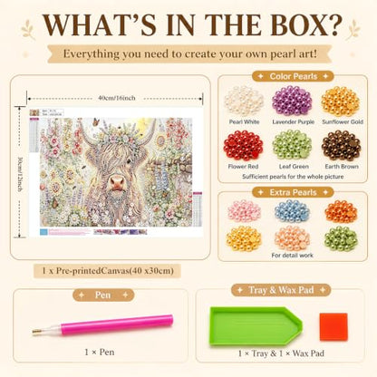 Flower Pearl Diamond Painting Kits for Adults,Highland Cow Diamond Art - color: PL75-1