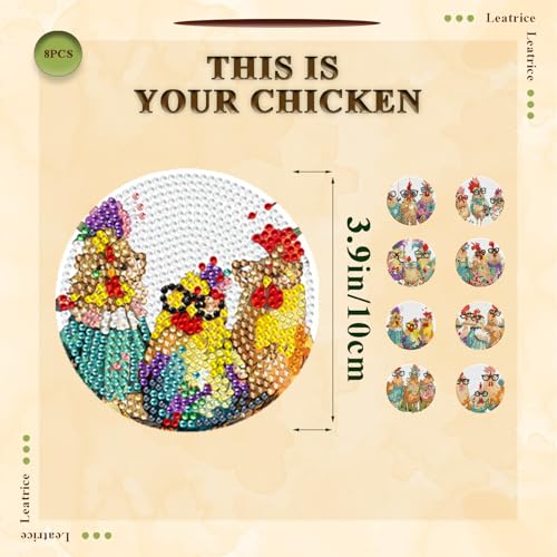 Leatrice 8 Pcs Diamond Art Coasters Small Diamond Painting Kits for Adults - color: AA Chicken