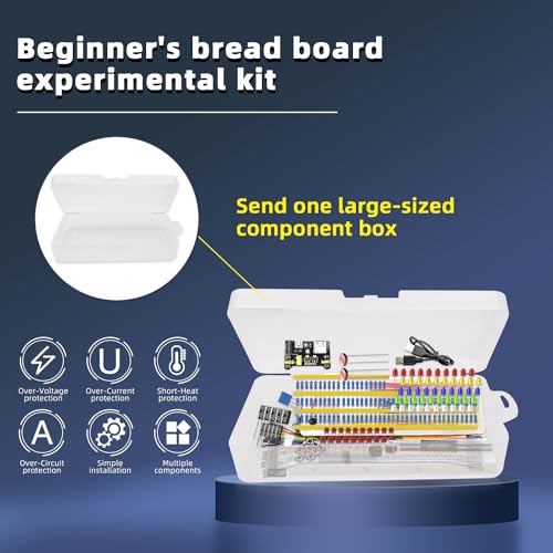 Electronics Component Kit，37 Values Total 480 Pcs Electronic Component Assortment Kit with Power Supply Module 830 tie-Points Breadboard Compatible with Arduino