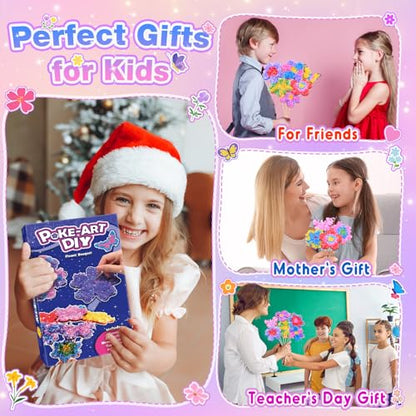 MDINGTD Toys for 3 4 5 6 7 8+ Year Old Girls, Poke Art Flower Bouquet with 8 Flowers & 2 Butterflies Arts and Crafts for Girls Ages 3-8 DIY Creative Activity Birthday Valentine Gifts Craft Kits - style: Flower Bouquet
