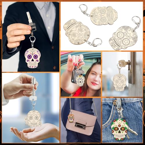Trnayi 36 Pcs Day of The Dead Wood Keychain Color Your Own DIY Craft - style: Day of the Dead