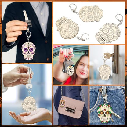 Trnayi 36 Pcs Day of The Dead Wood Keychain Color Your Own DIY Craft - style: Day of the Dead