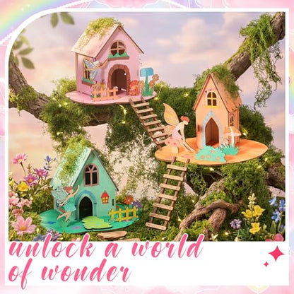 DoubleFill Wooden Fairy House Craft Kit with Paints, 18 Sets, Cute Tall - style: Cute Tall