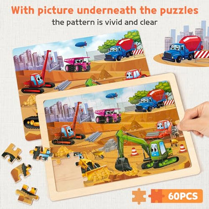 SYNARRY Large Wooden Vehicle Jigsaw Puzzles for Kids Ages 4-8, 60-Piece - style: Vehicle