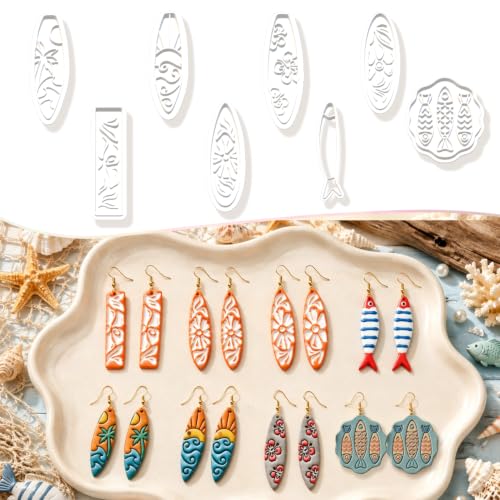 8Pcs Ocean Clay Earring Molds, Fish Flower Wave Polymer Clay Tools. Ocean Fish, Wave & Floral Patterns for Detailed Handmade Earrings and Coastal Clay Jewelry Designs - color: Surfboard