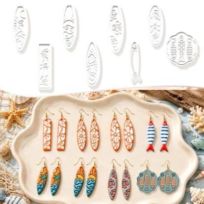 8Pcs Ocean Clay Earring Molds, Fish Flower Wave Polymer Clay Tools. Ocean Fish, Wave & Floral Patterns for Detailed Handmade Earrings and Coastal Clay Jewelry Designs - color: Surfboard
