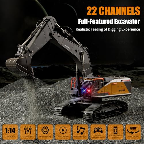 20.4 Inch 22 Channels Remote Control Excavator Truck 2-Batteries 1/14 Scale Metal Shovel Independent Arms RC Digging Machine Metal Alloy Construction Vehicles Toy for 14y+ Beginners