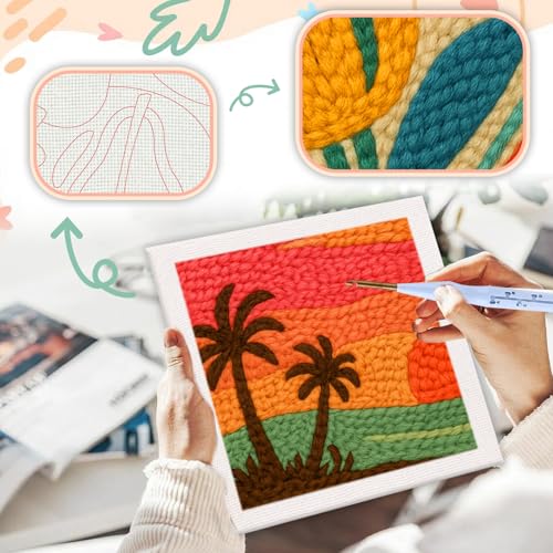 SDOYUNO Punch Needle Kit with Frame for Adults Beginners Kits 9.84 x 9.84 Inch Embroidery Starter Kits Punch Needle Kit with Sunset Beach Pattern, Threader, Yarns, Rug Punch, DIY Craft Kits (Green) - color: green