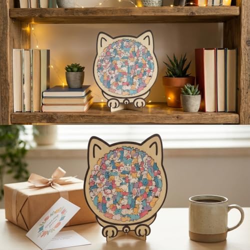 135 Pcs Cat Shaped Wooden Jigsaw Puzzle with Frame & Acrylic Cover, Macaron Color Animal Puzzle for Adults, Cute Cat Lover Gifts for Home Decor & Mindful Relaxation - color: Macaron Cat01