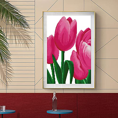 ITSTITCH Stamped Cross Stitch Kits for Beginners,Full Set of Crossstitching Preprinted Pattern, Embroidery Needlepoint Starter Kits 14CT 2 Strands-Pink Tulip, 13x18.9 inch - color: Pink tulip, 13x18.9 inch