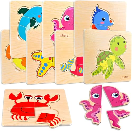 8pcs Wooden Puzzles for Toddlers 1-3, Toddler Puzzles Ages 2-4 - style: Marine Animals