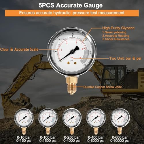 Hydraulic Pressure Test Kit with 5 Gauges(Max 10000 PSI), 13 Test Couplings 14 Tee Connectors 5 Test Hoses, Hydraulic Nitrogen Gauge Tester Set with Carrying Case for Excavator Construction Machinery - size: 5 Gauges 13 Test Couplings