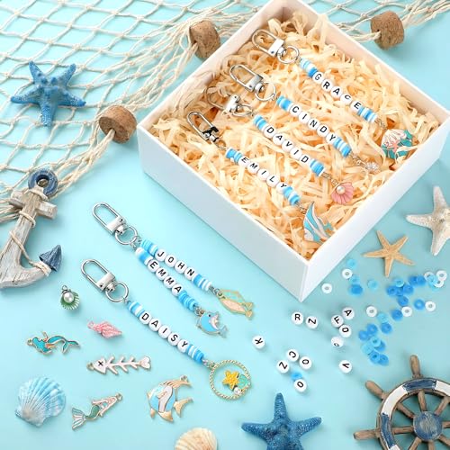 Tondiamo 2823 Pcs Ocean Keychain Making Kit Seashell Bag Charm Beach DIY Craft Sea Themed Key Ring Starfish Mermaid Charms Letters Beads String for Gift Jewelry Key Ring Backpack Accessories - style: Marine