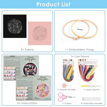ERKOON Embroidery Kit for Beginners Adult, 2 Set Floral Cross Stitch Set Include Embroidery Cloth Hoops Threads for Craft Lover Hand Stitch with Embroidery Skill Techniques (Flower) - color: Flower