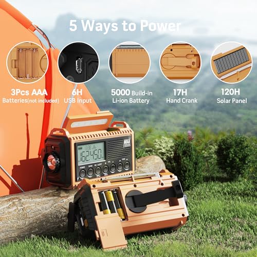 NOAA Weather Alert Radio, 5000mAh Solar Hand Crank Emergency Radio - color: Wax Yellow