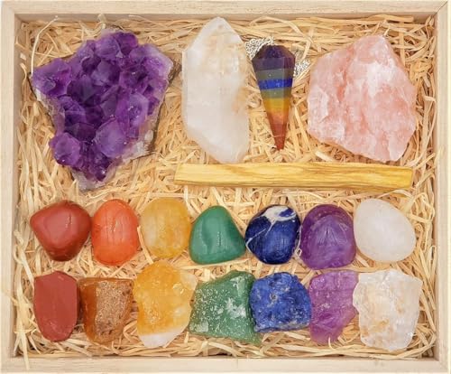 Crystals and Healing Stones Premium Kit Wooden Box - Chakra Stones Healing Crystals Set, Rose Quartz, Amethyst Cluster, Quartz Points, Chakra Pendulum (Deluxe Chakra Collection) - color: Deluxe Chakra Collection