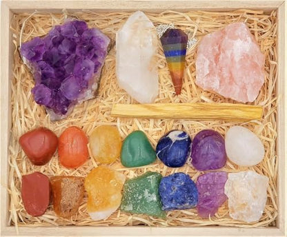 Crystals and Healing Stones Premium Kit Wooden Box - Chakra Stones Healing Crystals Set, Rose Quartz, Amethyst Cluster, Quartz Points, Chakra Pendulum (Deluxe Chakra Collection) - color: Deluxe Chakra Collection
