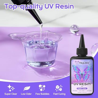 HeyClear UV Resin Kit 200g with UV Light, Molds and Casting Tools -Super Clear, Hard, Low Odor, Premixed and Fast Curing UV Glue for Coating, Jewelry Making, DIY Craft Decorations - size: Small Light Kit