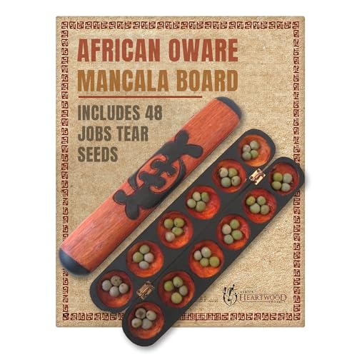 Africa Heartwood Project African Oware Mancala Board - Hand-Carved Solid Wood with Adinkra Symbol, Wooden Folding Mancala Design, 16" Board with 48 Grey, Green Tear Seeds and Playing Instructions