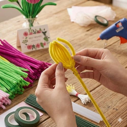 All-in-One Pipe Cleaners Flower Kit, 800 PCS DIY Flower Bouquet Making Kit with 8 Colors Pipe Cleaners, Floral Wire, Tape, Wrapping Paper & Video Tutorial, Handmade Gift for Adults, Teens, Beginners