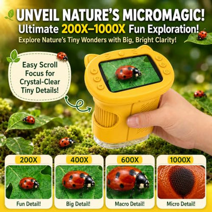 Kids Microscope, 4K 1000X Zoom, 2.4" Screen, STEM Toy for Ages 4-8 - color: Yellow